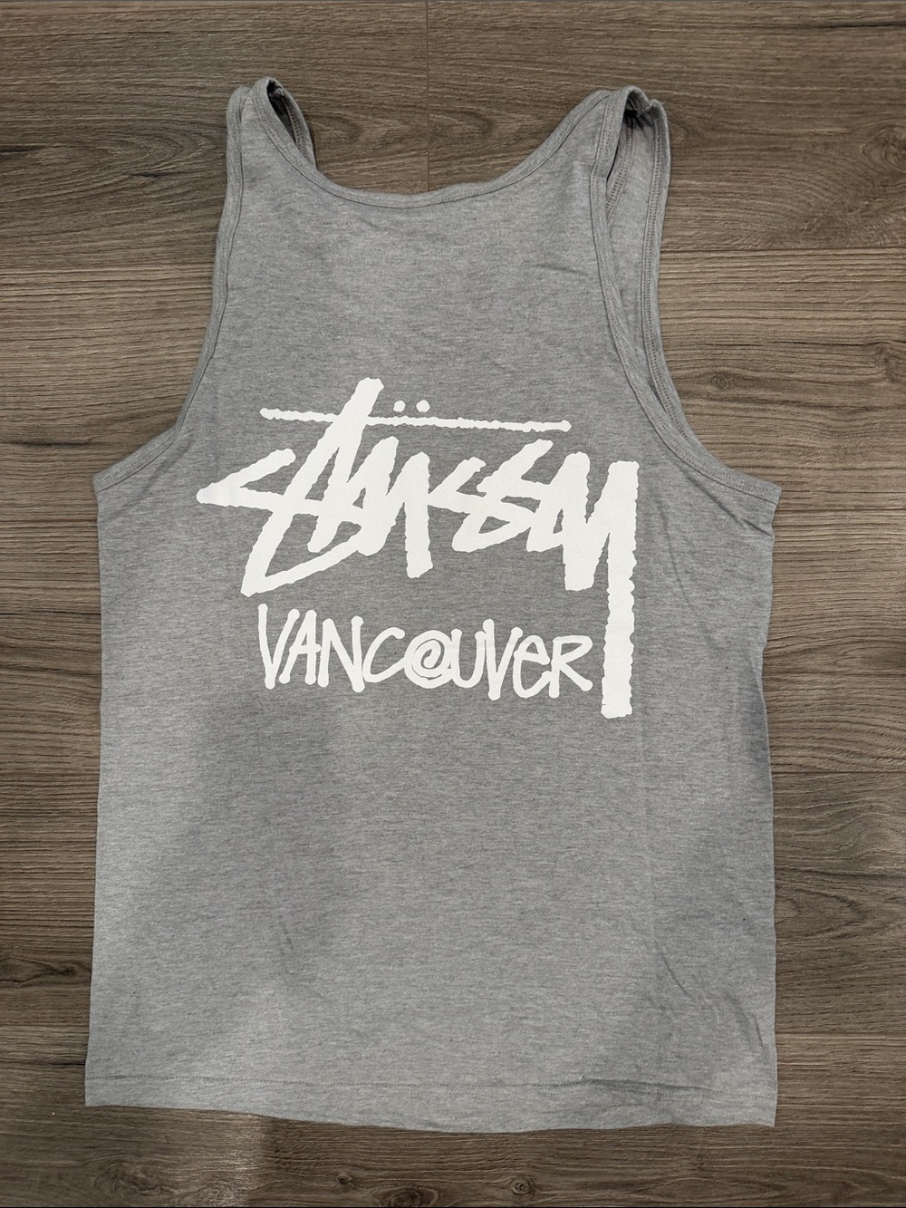 Gray w/ White Font Stüssy Vancouver Chapter Cut Tag Tank Top Men’s Size Medium